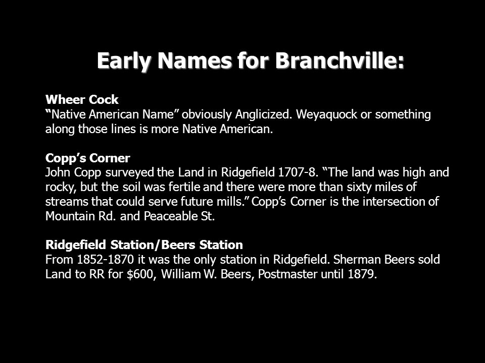Early Names for Branchville:
