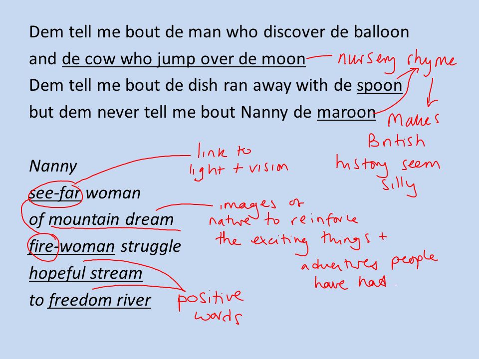 Dem tell me bout de man who discover de balloon and de cow who jump over de moon Dem tell me bout de dish ran away with de spoon but dem never tell me bout Nanny de maroon Nanny see-far woman of mountain dream fire-woman struggle hopeful stream to freedom river