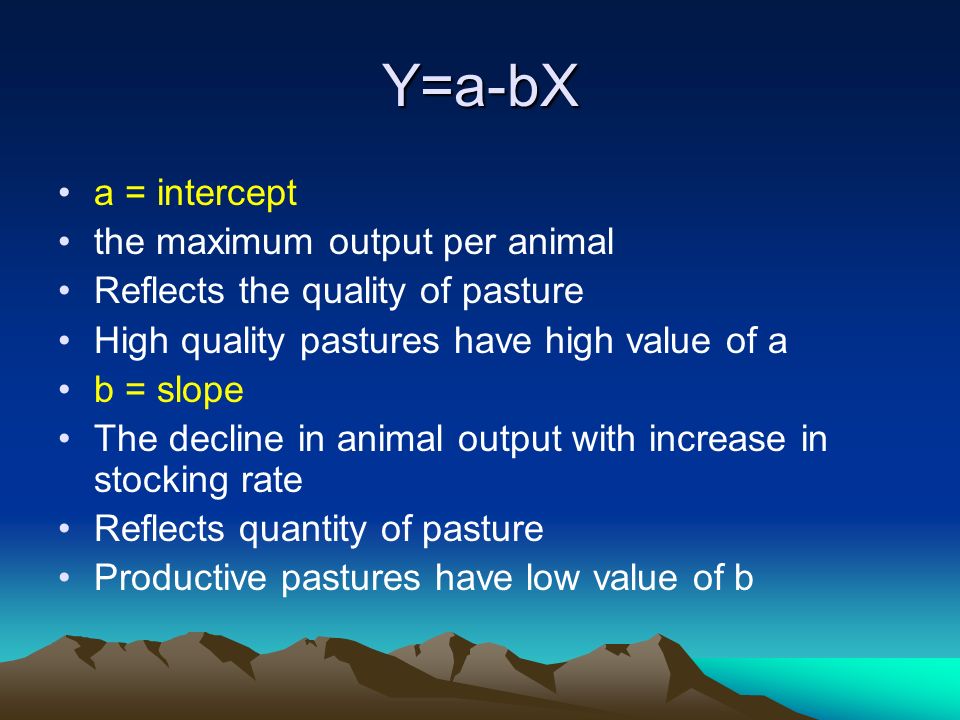 Y=a-bX a = intercept the maximum output per animal