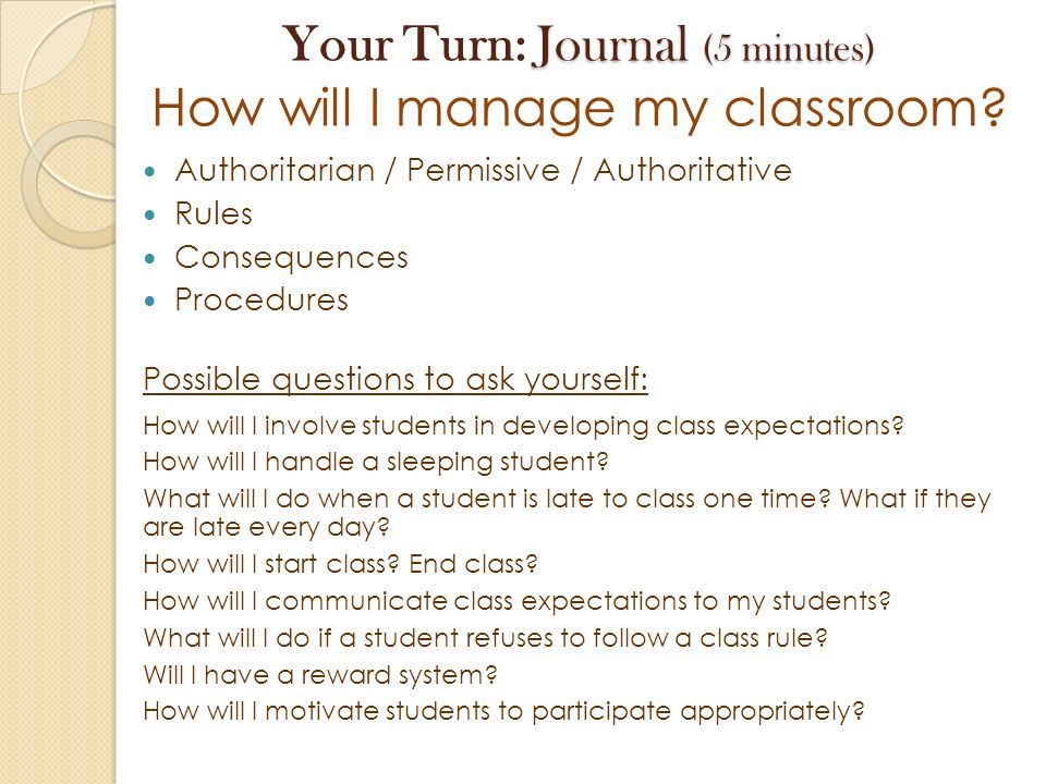Your Turn: Journal (5 minutes) How will I manage my classroom