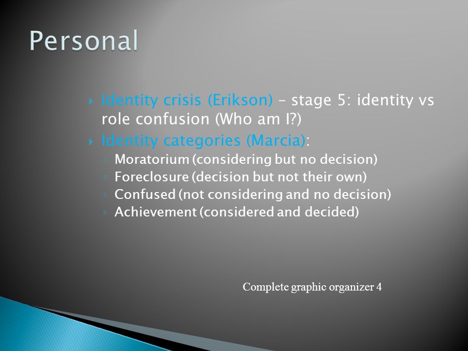 Personal Identity crisis (Erikson) – stage 5: identity vs role confusion (Who am I ) Identity categories (Marcia):