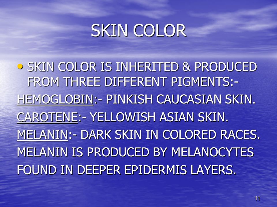 SKIN COLOR SKIN COLOR IS INHERITED & PRODUCED FROM THREE DIFFERENT PIGMENTS:- HEMOGLOBIN:- PINKISH CAUCASIAN SKIN.