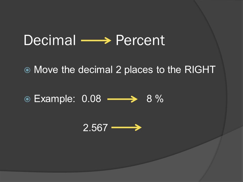 Decimal Percent Move the decimal 2 places to the RIGHT