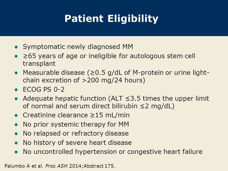 Patient Eligibility Symptomatic newly diagnosed MM