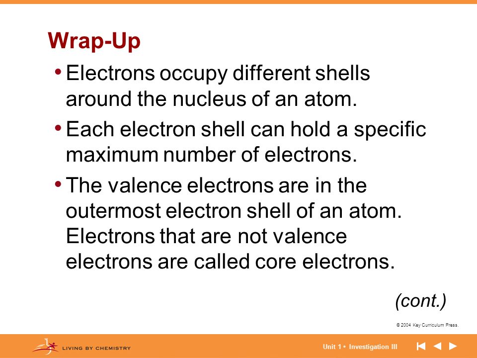 Wrap-Up Electrons occupy different shells around the nucleus of an atom. Each electron shell can hold a specific maximum number of electrons.