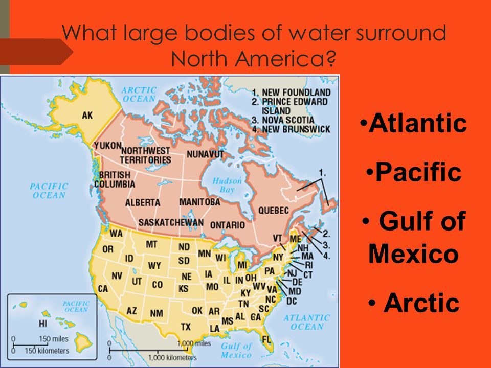 What large bodies of water surround North America