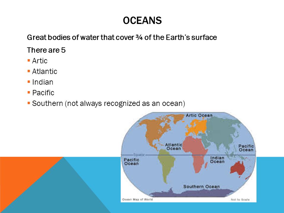 Oceans Great bodies of water that cover ¾ of the Earth’s surface
