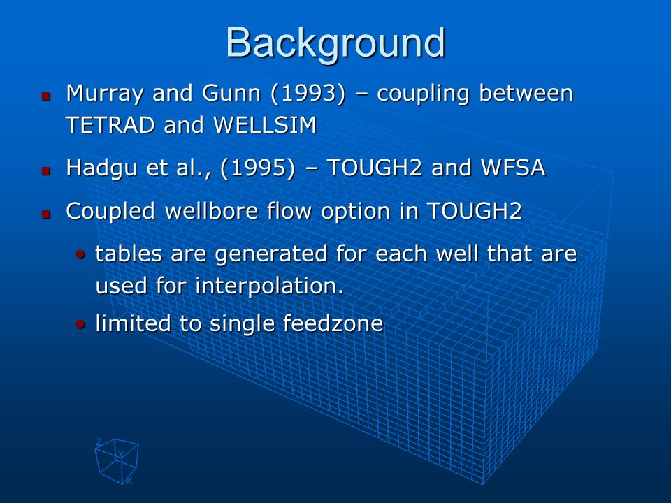 Background Murray and Gunn (1993) – coupling between TETRAD and WELLSIM. Hadgu et al., (1995) – TOUGH2 and WFSA.