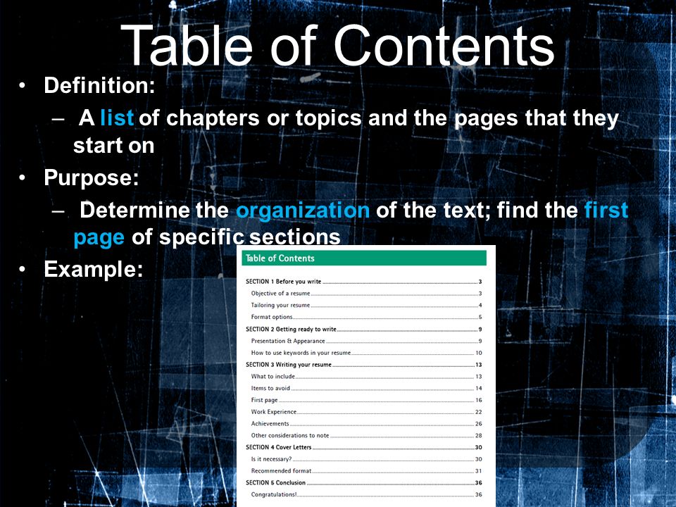Table of Contents Definition: