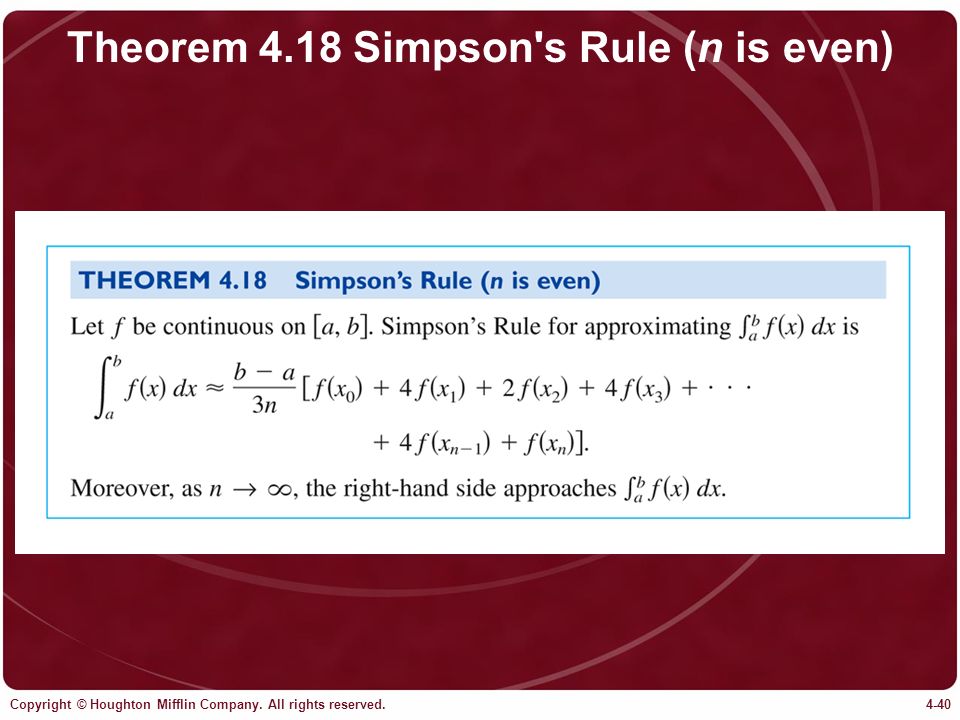Theorem 4.18 Simpson s Rule (n is even)