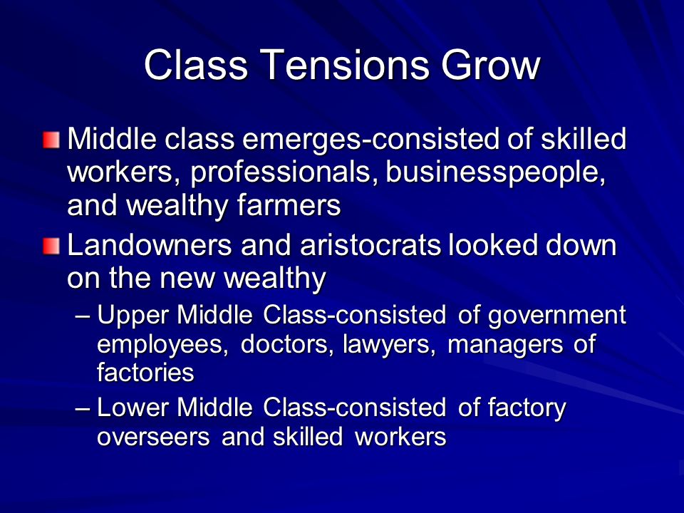 Class Tensions Grow Middle class emerges-consisted of skilled workers, professionals, businesspeople, and wealthy farmers.