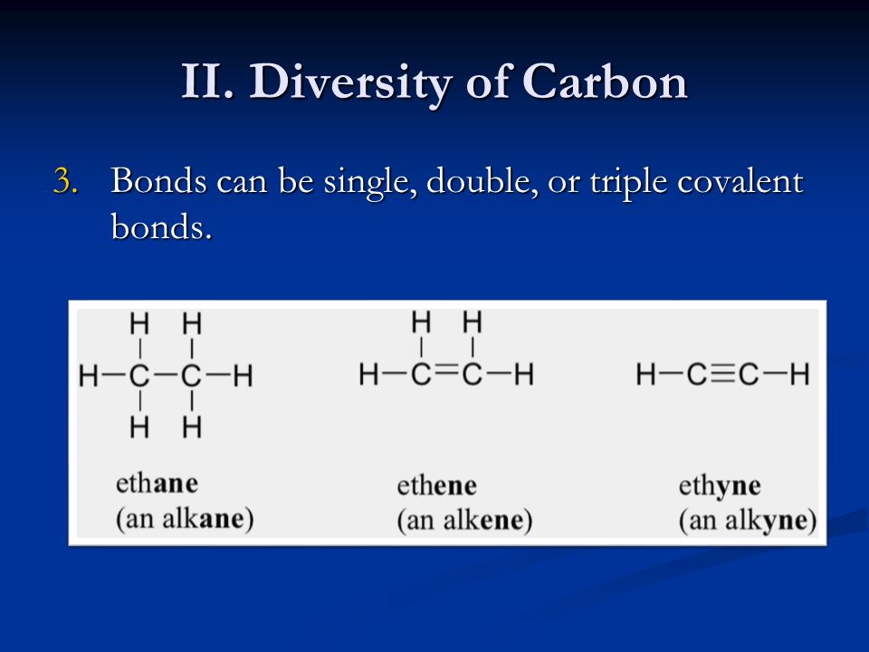II. Diversity of Carbon Bonds can be single, double, or triple covalent bonds.