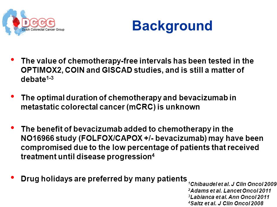 Background The value of chemotherapy-free intervals has been tested in the OPTIMOX2, COIN and GISCAD studies, and is still a matter of debate1-3.