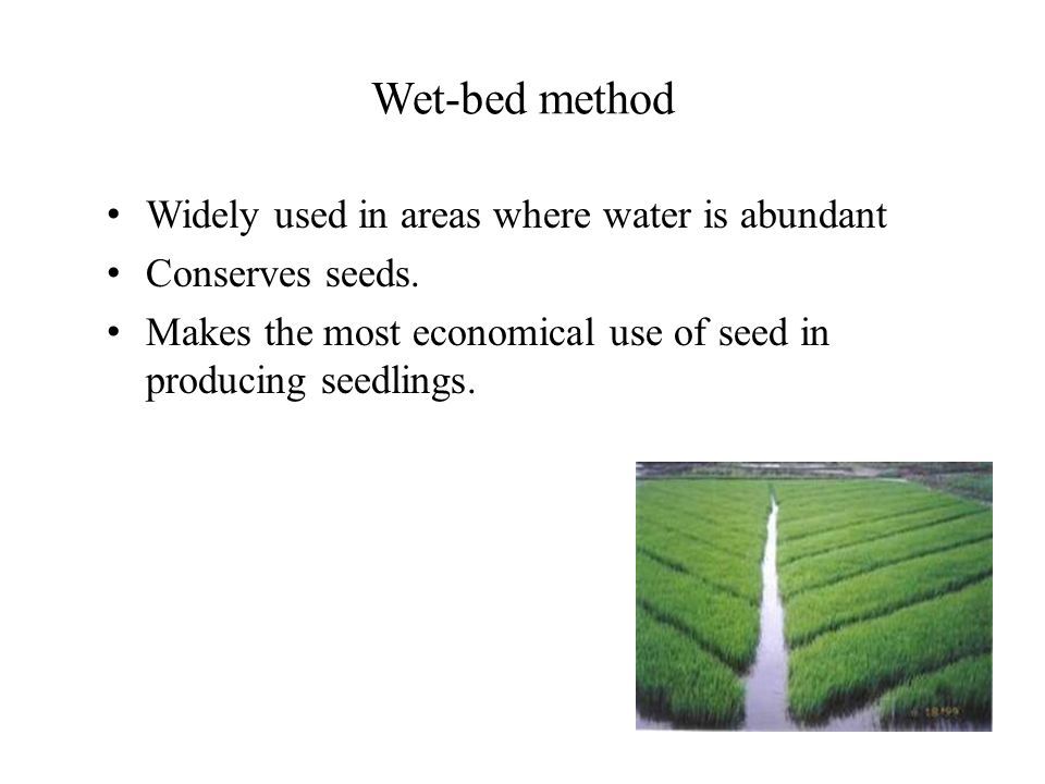Wet-bed method Widely used in areas where water is abundant