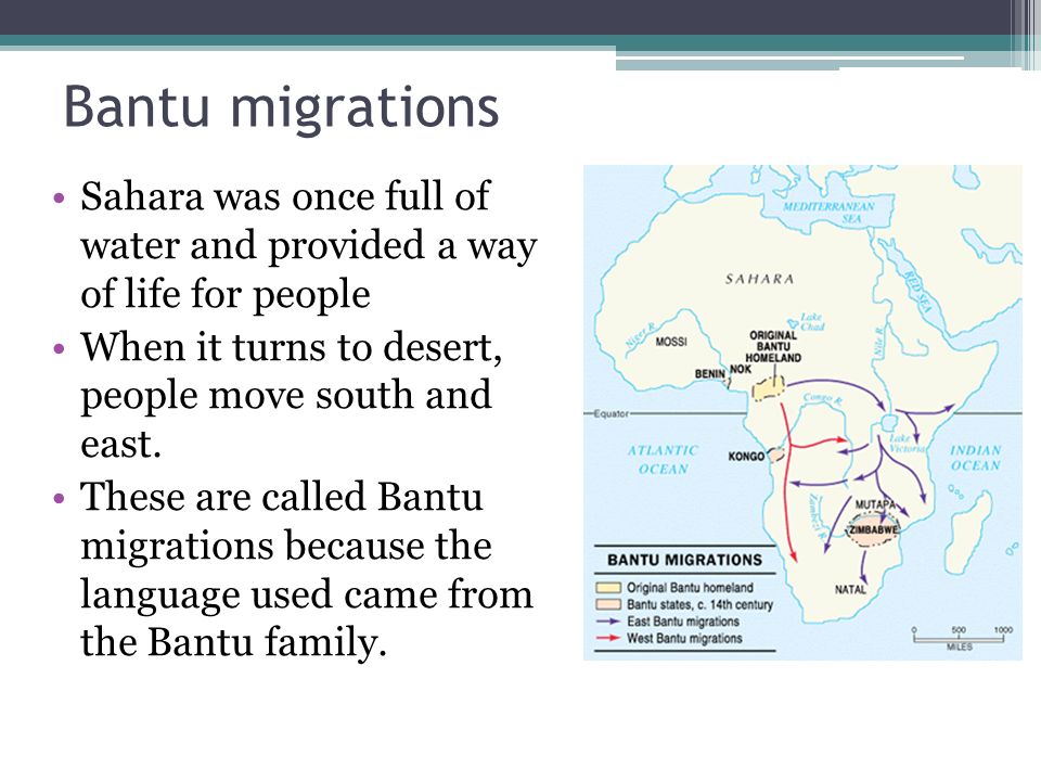 Bantu migrations Sahara was once full of water and provided a way of life for people. When it turns to desert, people move south and east.
