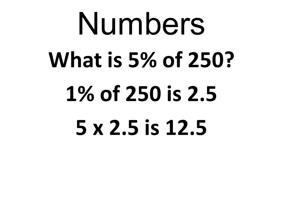 Numbers What is 5% of 250 1% of 250 is x 2.5 is 12.5