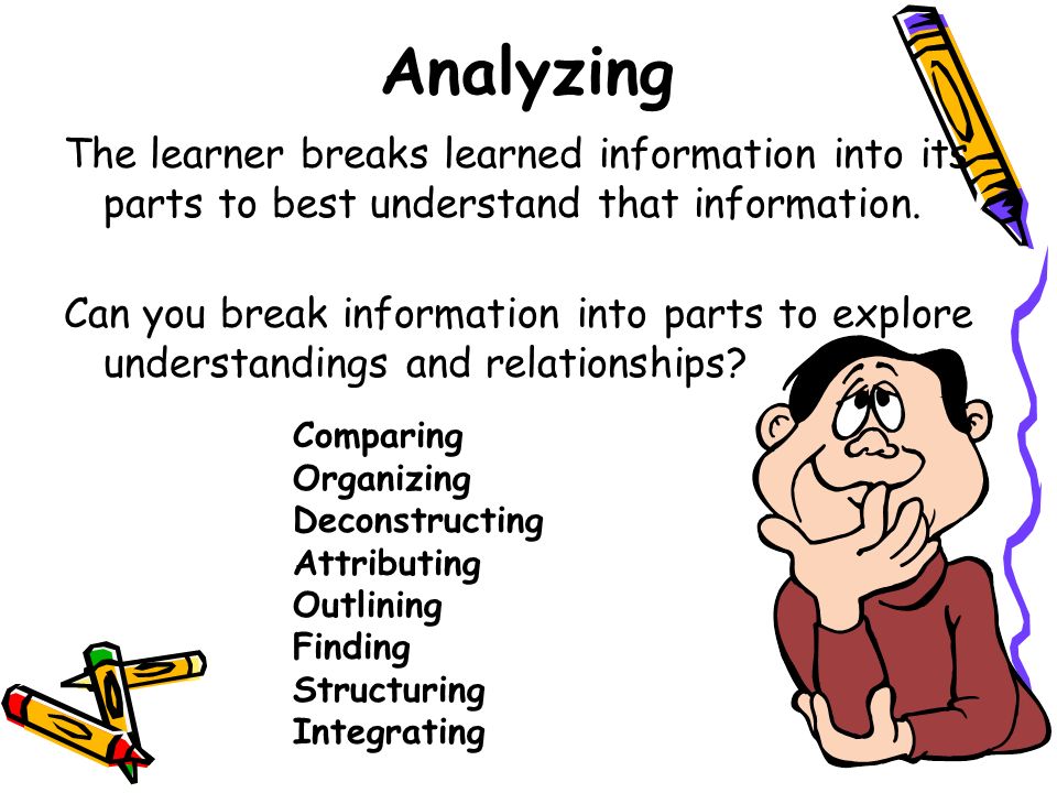 Analyzing The learner breaks learned information into its parts to best understand that information.
