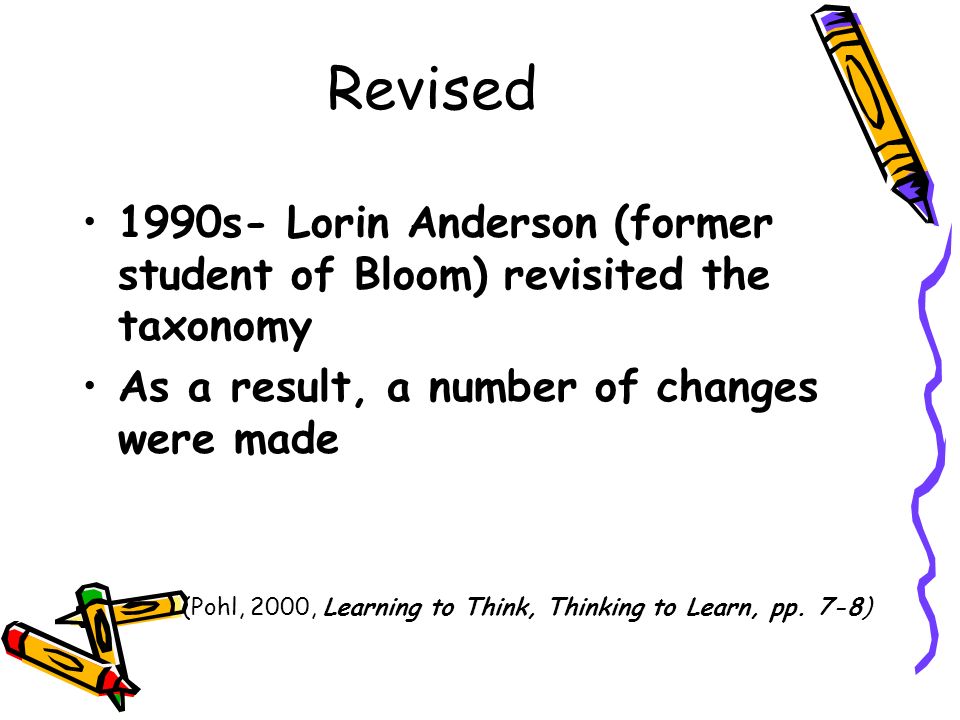 Revised 1990s- Lorin Anderson (former student of Bloom) revisited the taxonomy. As a result, a number of changes were made.