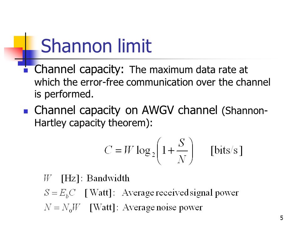 Shannon limit Channel capacity: The maximum data rate at which the error-free communication over the channel is performed.