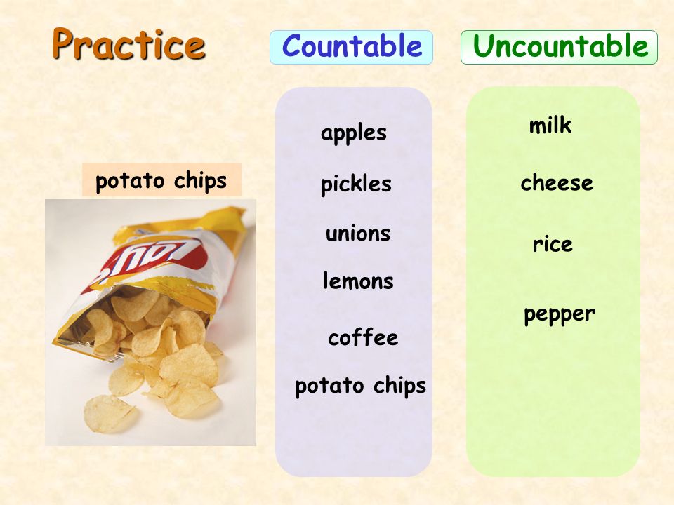 Practice Countable Uncountable milk apples potato chips pickles cheese