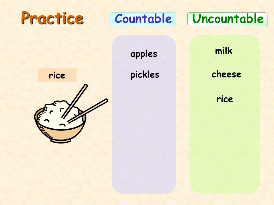 Practice Countable Uncountable milk apples rice pickles cheese rice