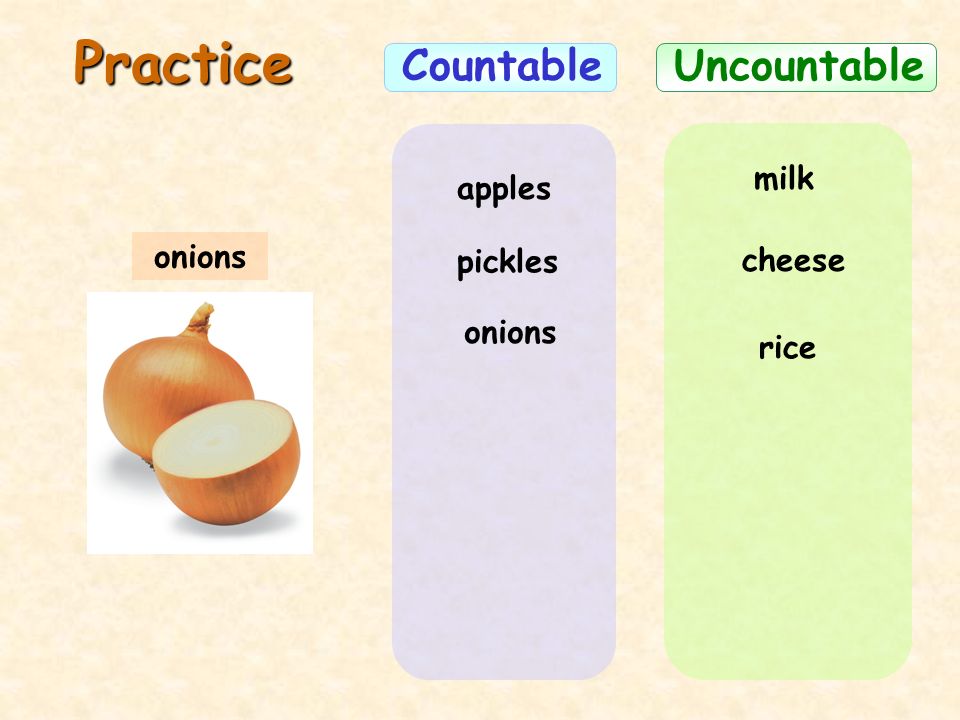 Practice Countable Uncountable milk apples onions pickles cheese