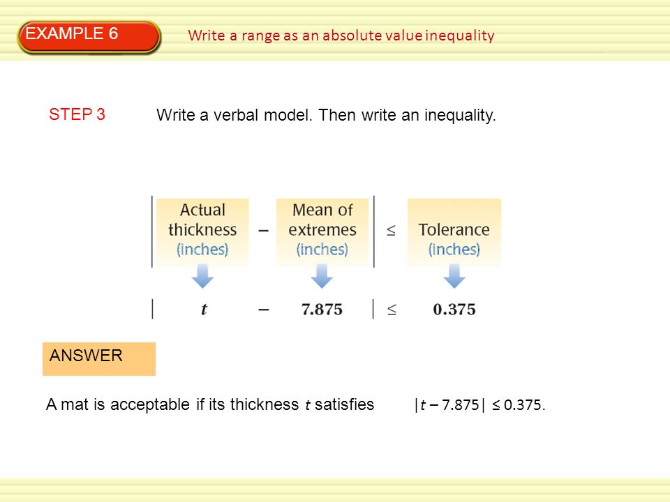 EXAMPLE 6 Write a range as an absolute value inequality. STEP 3. Write a verbal model. Then write an inequality.