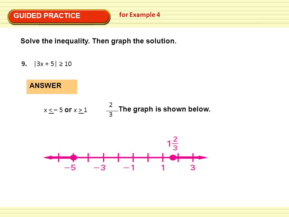 GUIDED PRACTICE for Example 4. Solve the inequality. Then graph the solution. 9. |3x + 5| ≥ 10.