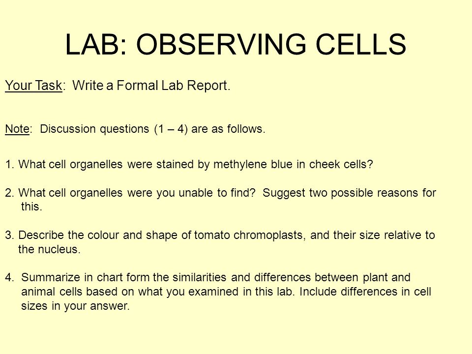 LAB: OBSERVING CELLS Your Task: Write a Formal Lab Report.