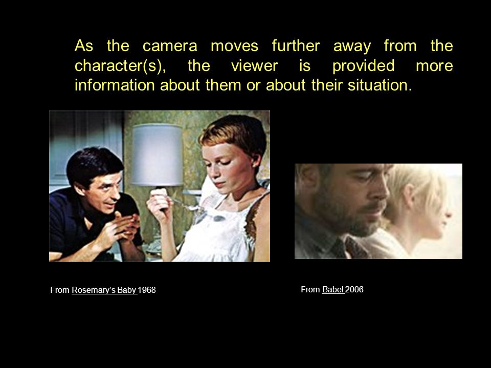 As the camera moves further away from the character(s), the viewer is provided more information about them or about their situation.