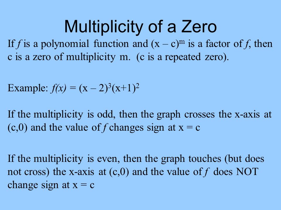 Multiplicity of a Zero If f is a polynomial function and (x – c)m is a factor of f, then c is a zero of multiplicity m. (c is a repeated zero).