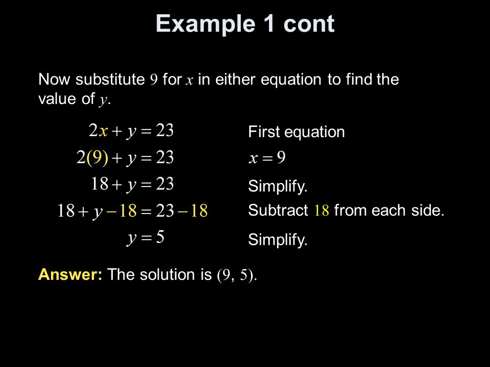 Example 1 cont Now substitute 9 for x in either equation to find the value of y. First equation. Simplify.