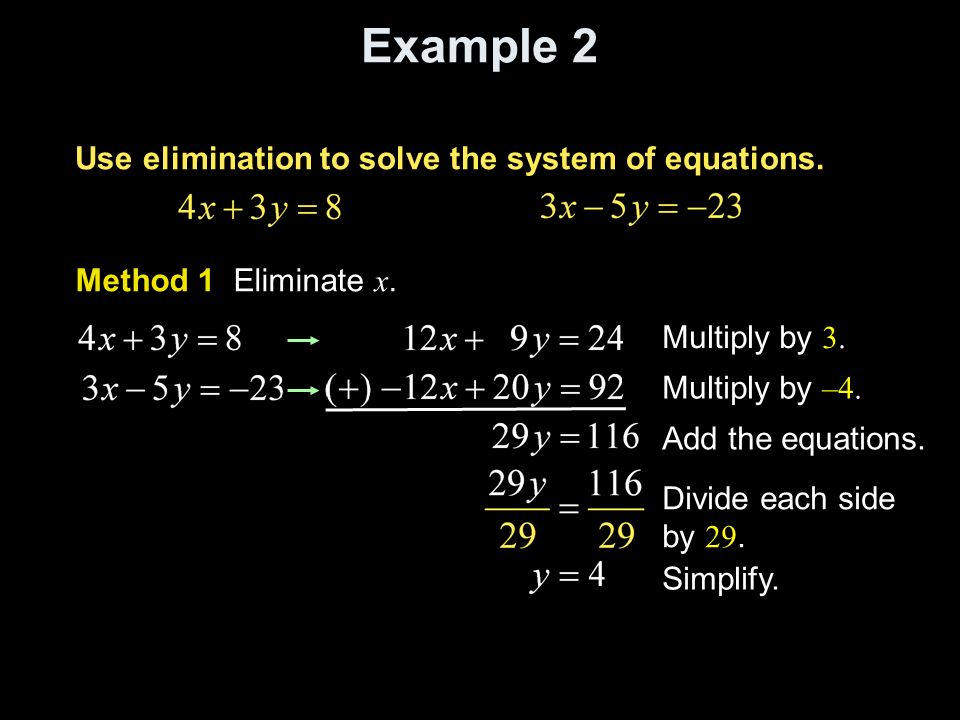 Example 2 Use elimination to solve the system of equations.