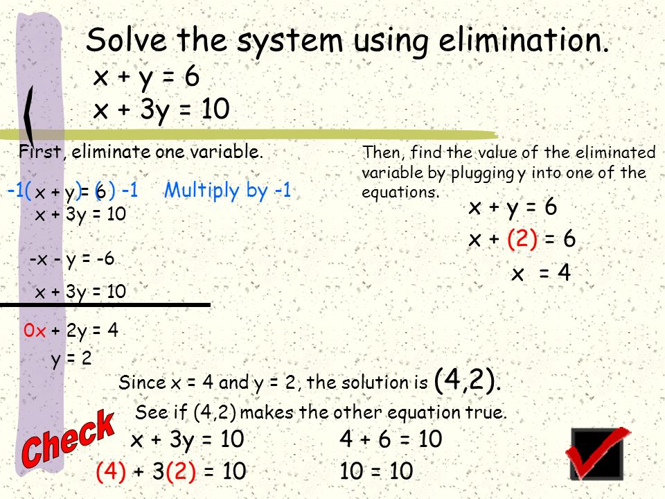 Check Solve the system using elimination. x + y = 6 x + 3y = 10