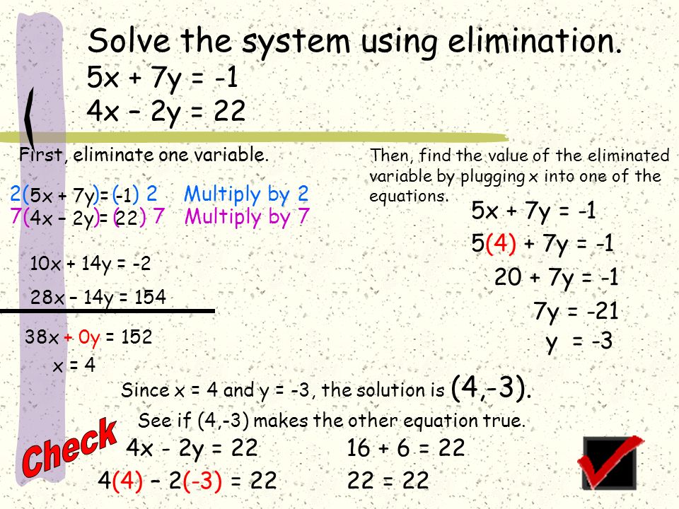 Check Solve the system using elimination. 5x + 7y = -1 4x – 2y = 22