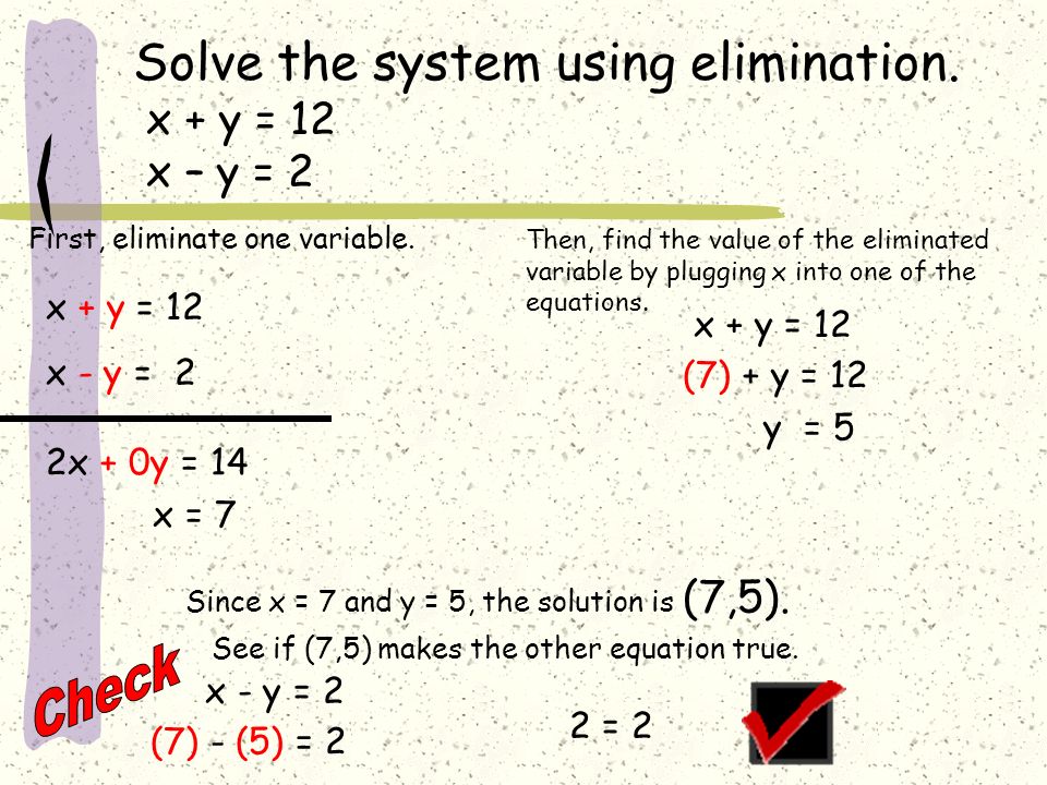 Check Solve the system using elimination. x + y = 12 x – y = 2