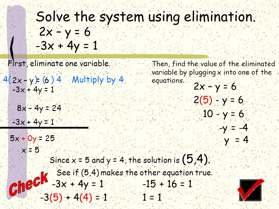 Check Solve the system using elimination. 2x – y = 6 -3x + 4y = 1