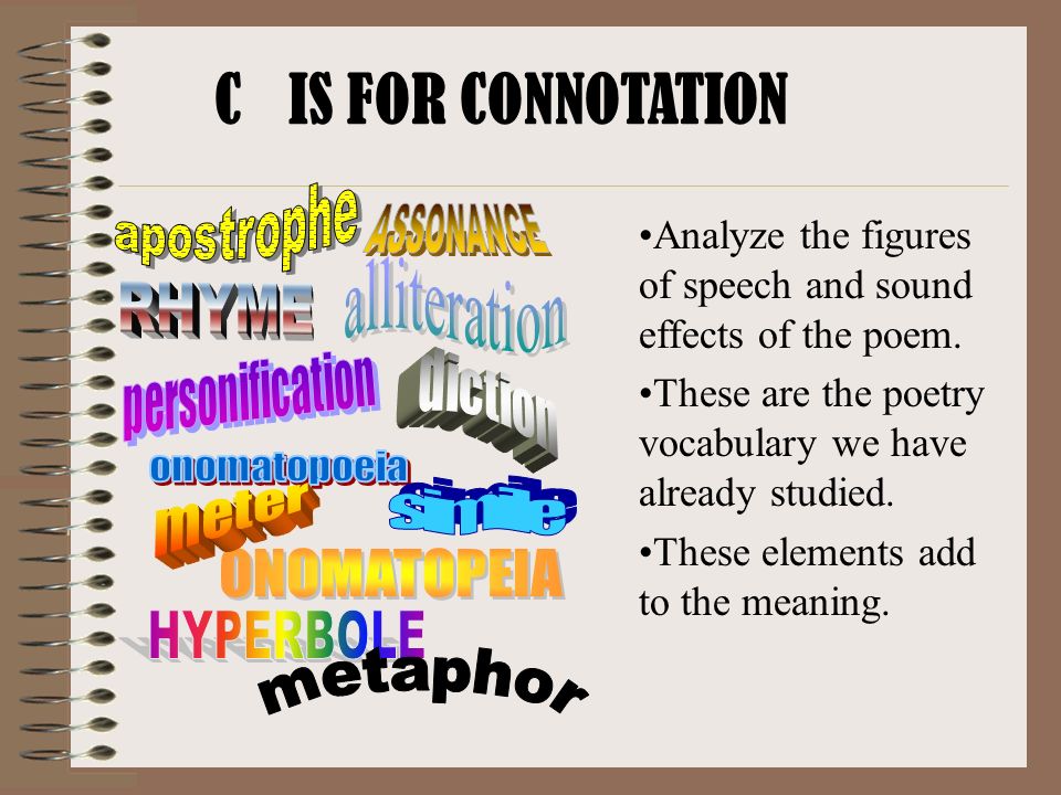 C IS FOR CONNOTATION apostrophe. ASSONANCE. Analyze the figures of speech and sound effects of the poem.