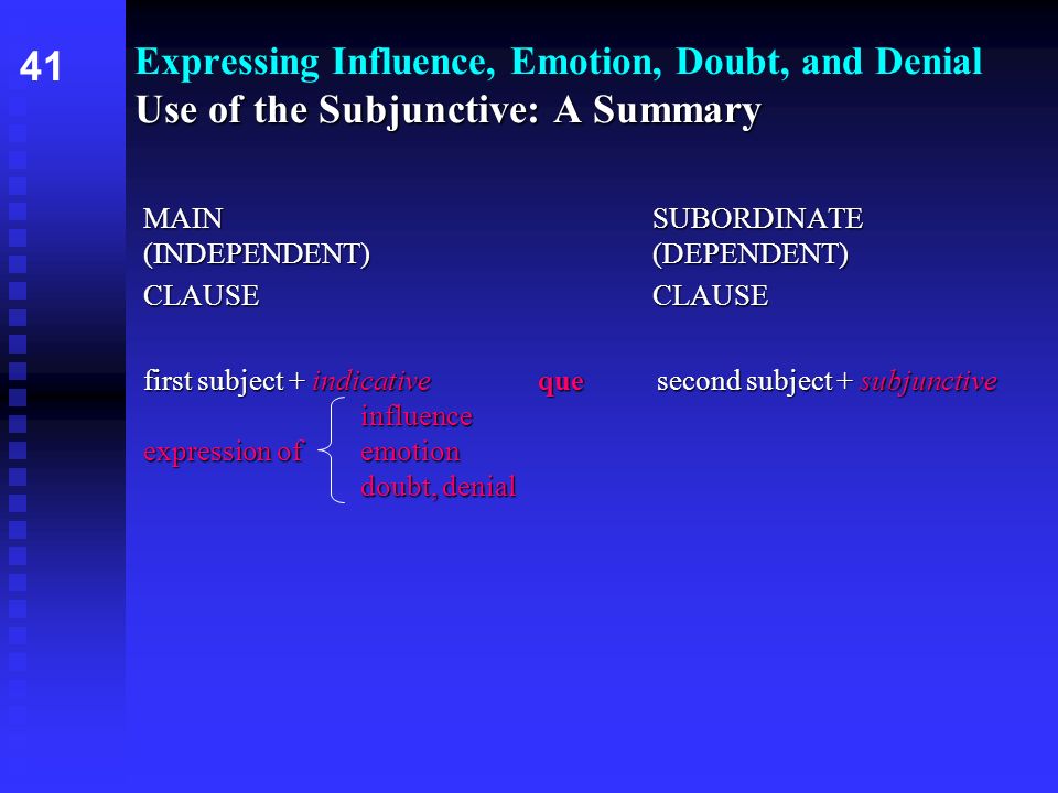 Expressing Influence, Emotion, Doubt, and Denial Use of the Subjunctive: A Summary