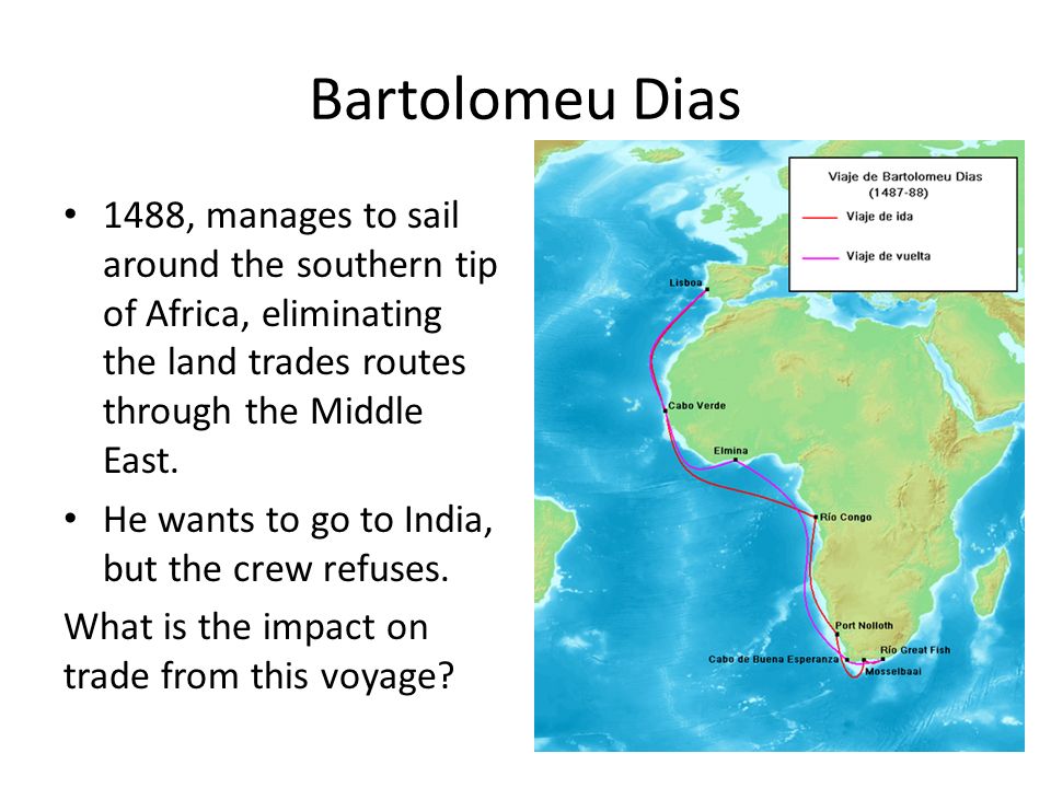 Bartolomeu Dias 1488%2C Manages To Sail Around The Southern Tip Of Africa%2C Eliminating The Land Trades Routes Through The Middle East. 