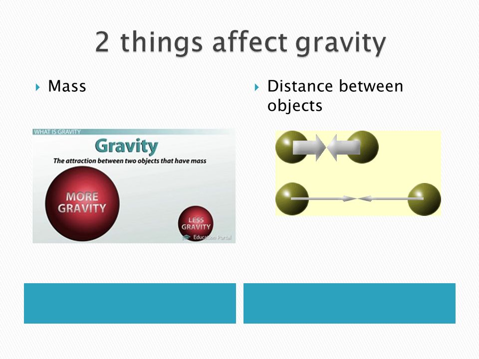 2 things affect gravity Mass Distance between objects