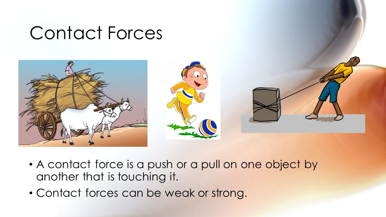 Contact Forces A contact force is a push or a pull on one object by another that is touching it.