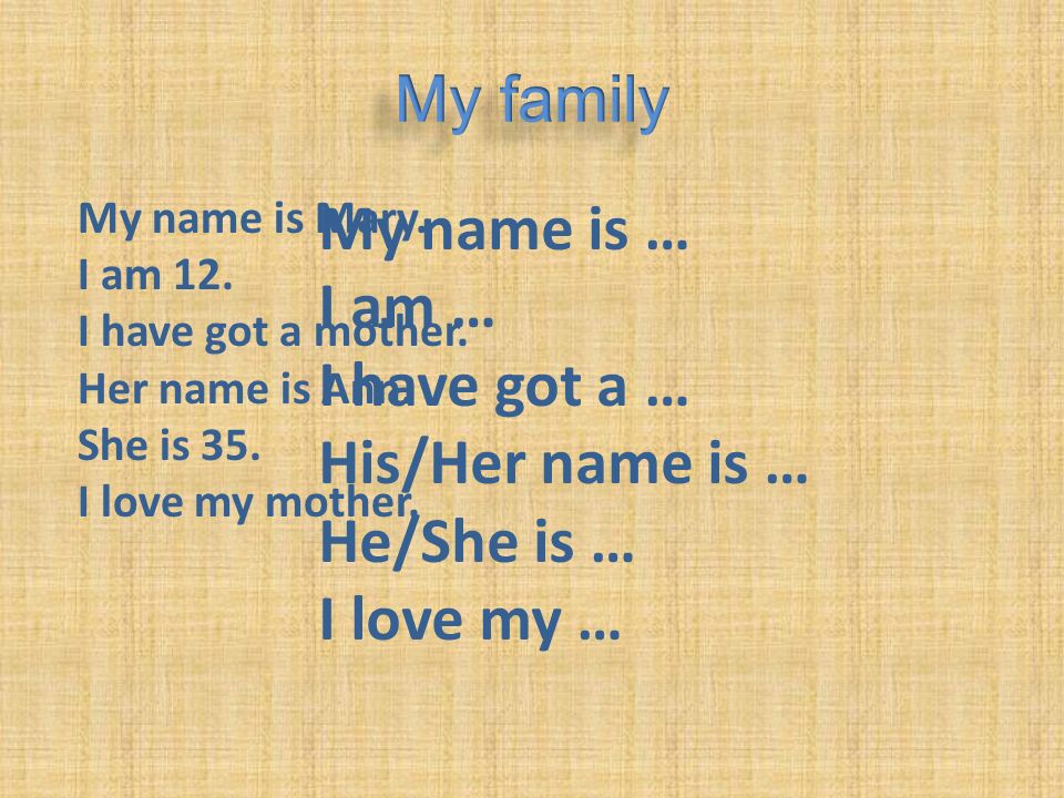 My family My name is … I am … I have got a … His/Her name is …
