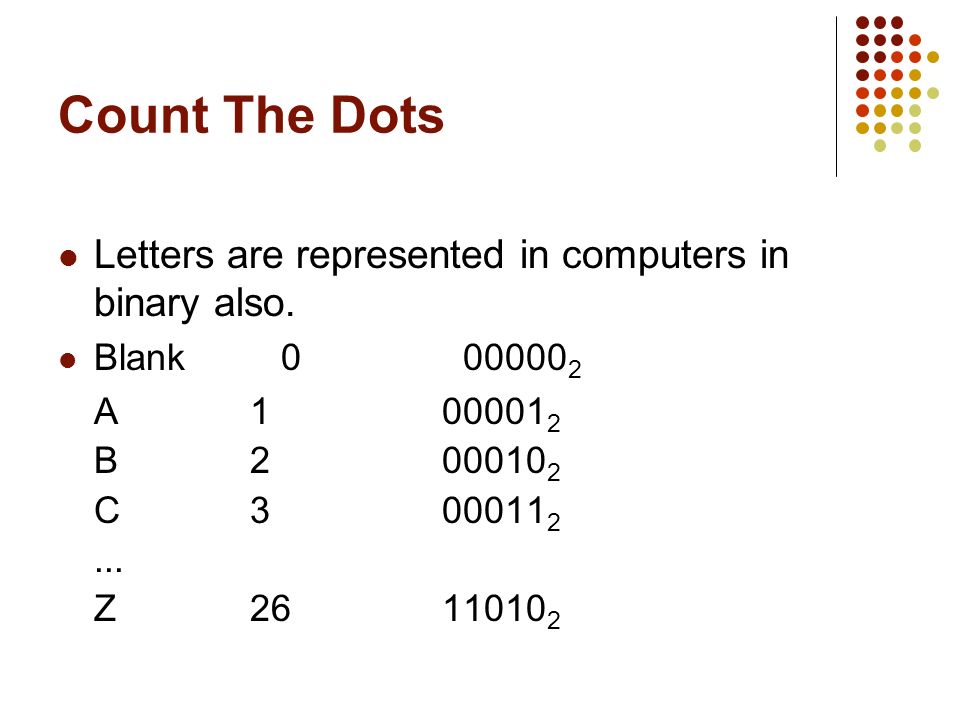 Count The Dots Letters are represented in computers in binary also.