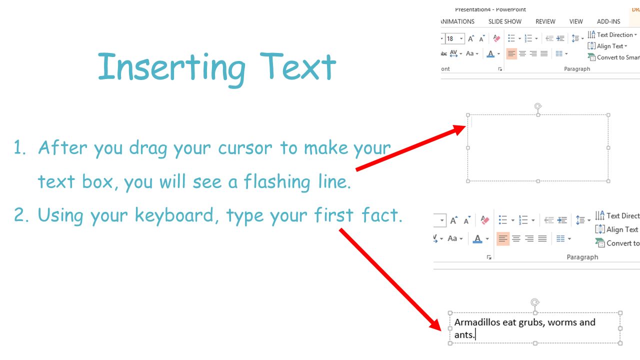 Inserting Text After you drag your cursor to make your text box, you will see a flashing line.