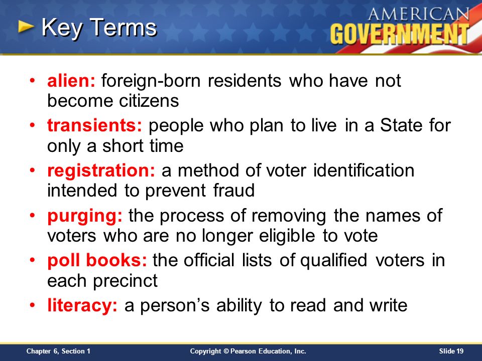 Key Terms alien: foreign-born residents who have not become citizens