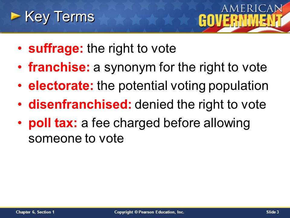Key Terms suffrage: the right to vote