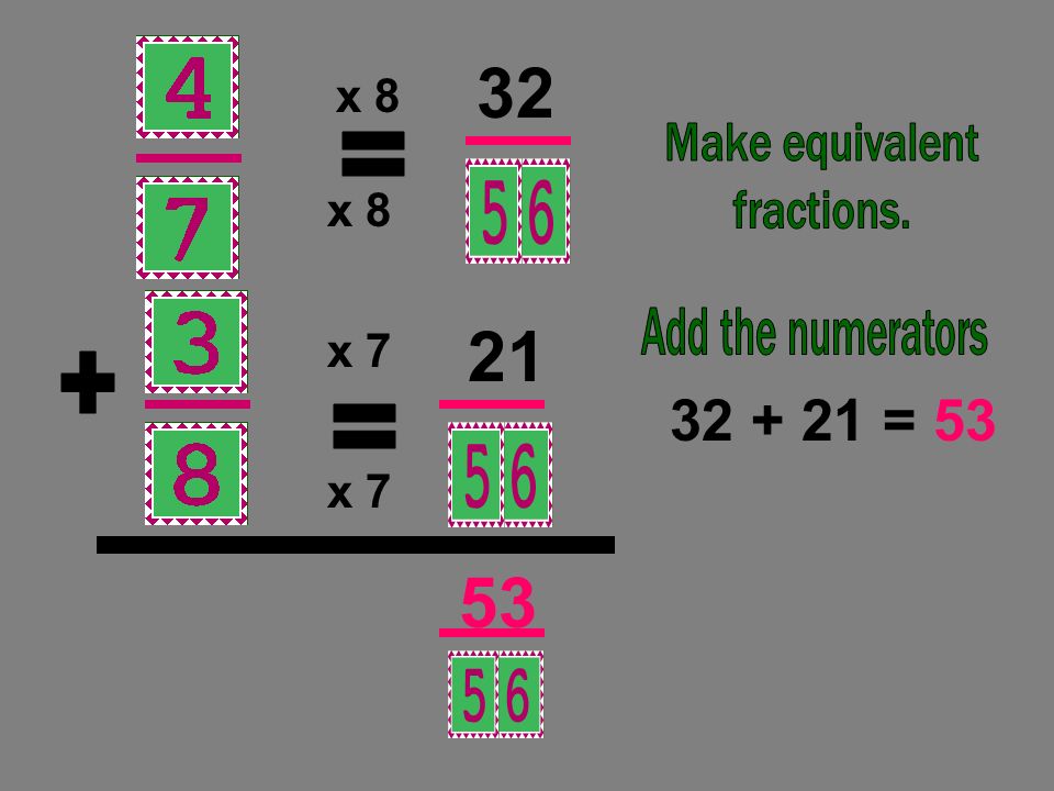 = 53 = + = x 8 x 8 x 7 x 7 Make equivalent fractions.
