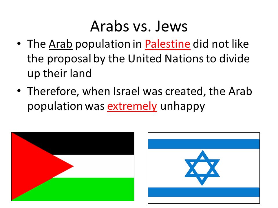 Arabs vs. Jews The Arab population in Palestine did not like the proposal by the United Nations to divide up their land.
