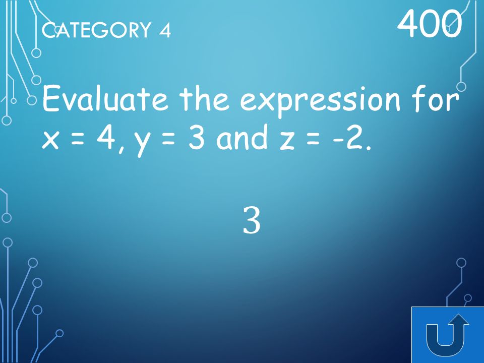 Category Evaluate the expression for x = 4, y = 3 and z = -2. 3